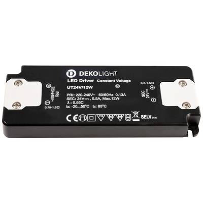 Čierny LED driver od Dekolight, model UT24V/12W, pre konštantné napätie. Vstupný rozsah 220-240V, výstup 24V, max. 12W.