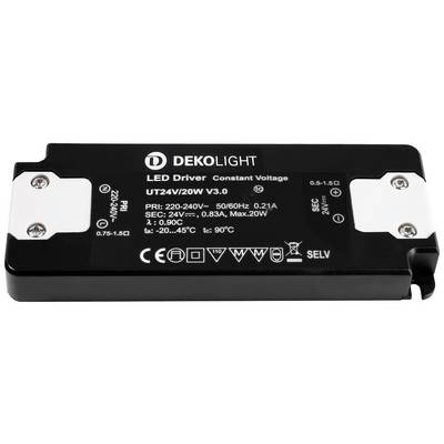 Čierny LED DEKOLIGHT napájací zdroj s nápisom 'LED Driver Constant Voltage UT24V/20W V3.0'. Technické špecifikácie vytlačené na povrchu.