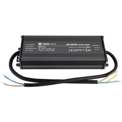 Čierny LED driver od Dekolight s viacerými pripojovacie káblami, model V6-75-24. Vhodný pre vonkajšie použitie (IP67).