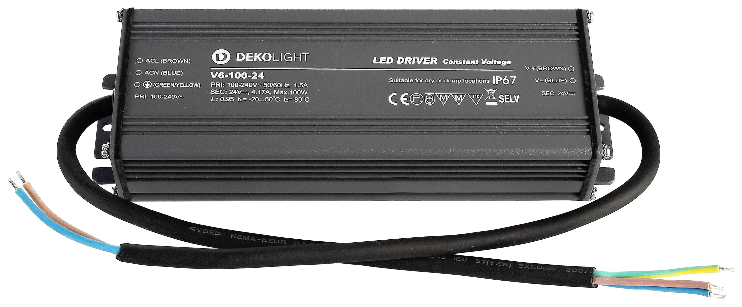 Čierny LED driver od spoločnosti Dekolight s modelovým číslom VG-100-24, vhodný pre použitie vo vonkajšom prostredí, stupeň krytia IP67.
