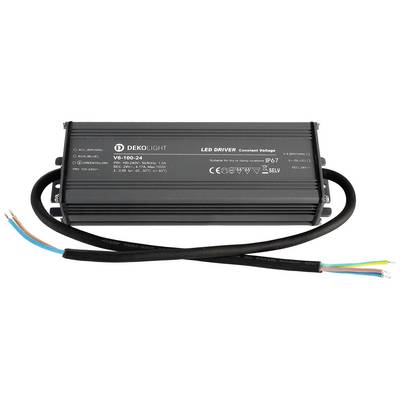 Čierny LED driver od spoločnosti Dekolight s modelovým číslom VG-100-24, vhodný pre použitie vo vonkajšom prostredí, stupeň krytia IP67.