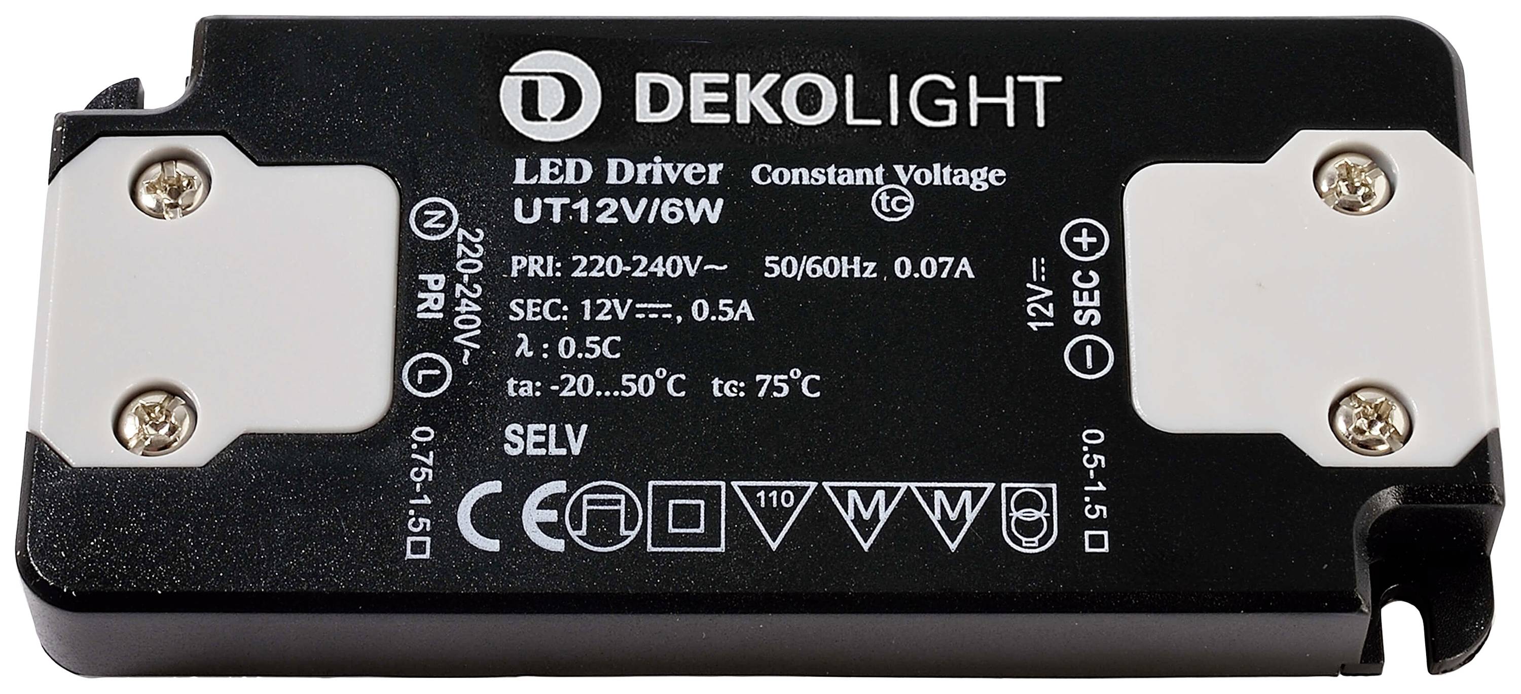'Dekolight LED Driver UT12V/6W' čierne púzdro, technické údaje: Vstup 220-240V, 0.07A, Výstup 12V, 0.5A, SELV, Prevádzková teplota -20... 50°C až 75°C.