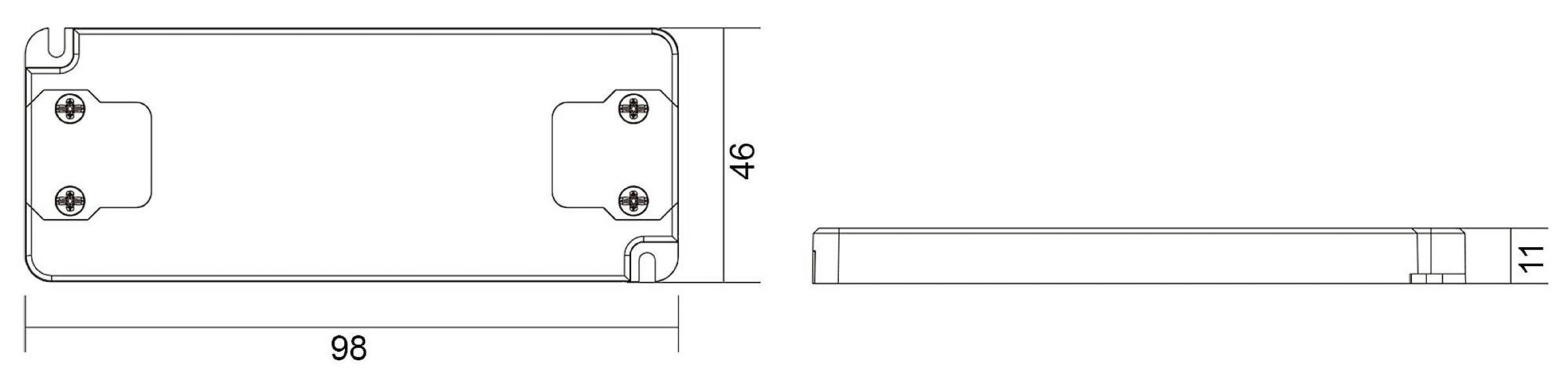 Technický nákres obdĺžnikového prvku s rozmermi: 98 mm dlhý, 46 mm vysoký, 11 mm hlboký. Skrutkové otvory v rohoch.