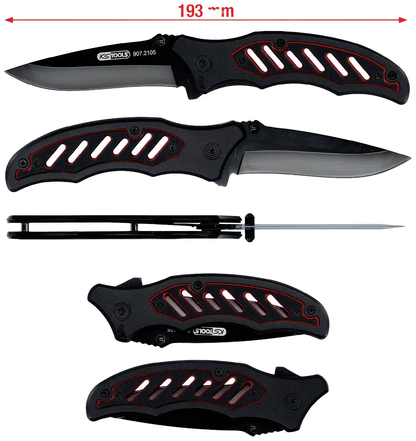 Skladací čierny vreckový nôž s červenými akcentmi a dĺžkou 193 mm, prezentovaný z rôznych pohľadov.