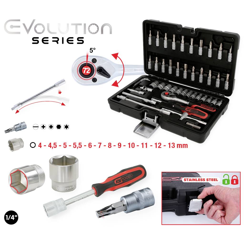 Sada náradia "EVOLUTION SERIES" s račňou s 72-zubovou mechanikou, uhlom otočenia 5°. Veľkosti 4–13 mm, povrchová úprava nehrdzavejúcou oceľou.
