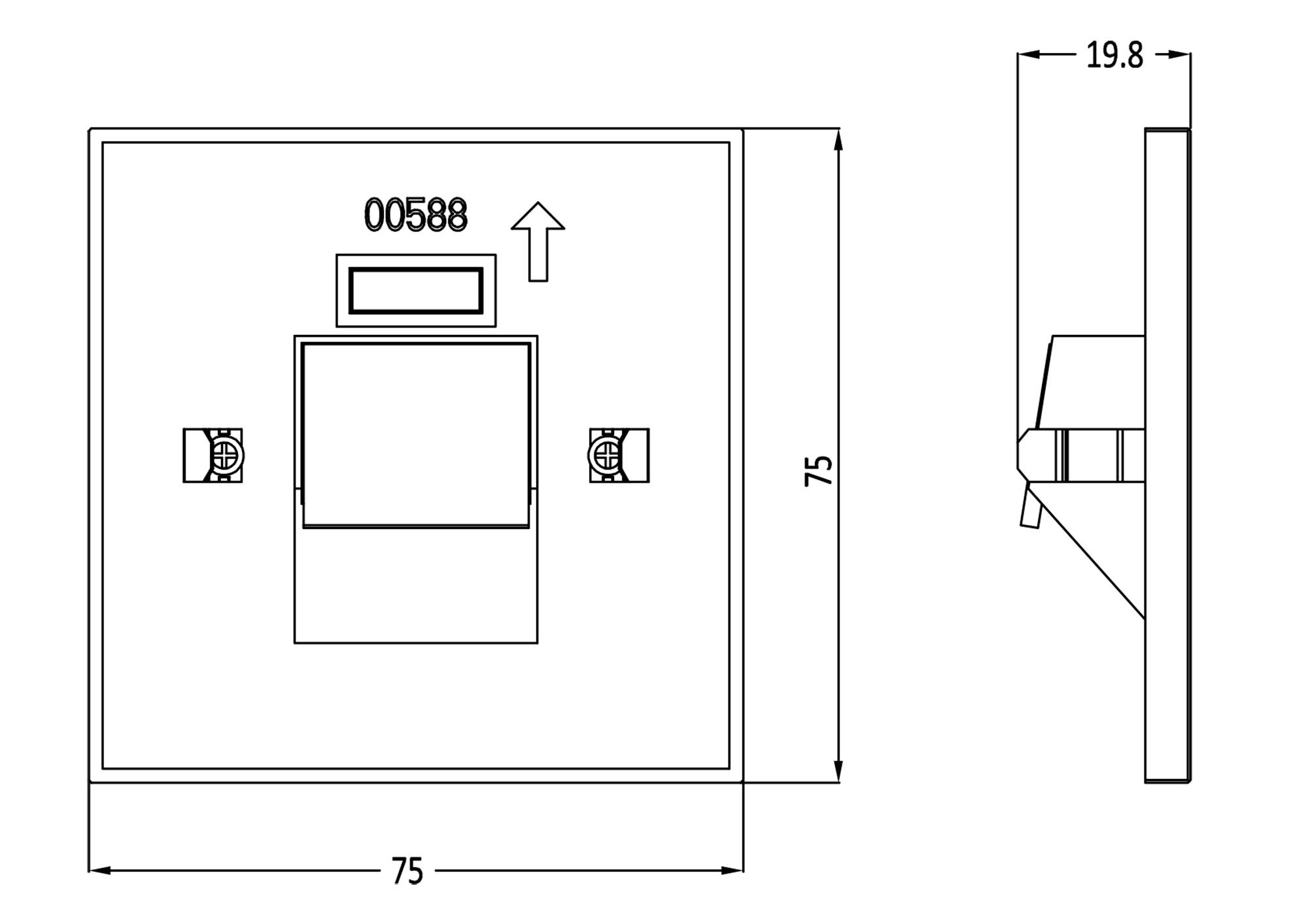 Technický výkres stennej zásuvky s rozmermi 75x75 mm a hĺbkou 19,8 mm, katalógové číslo '00588'.