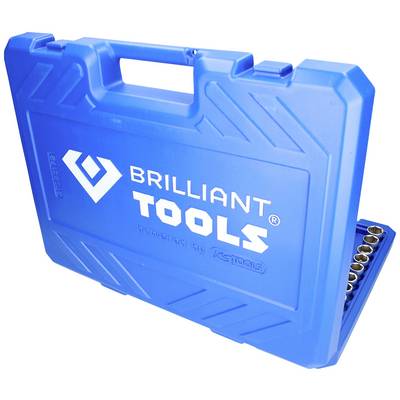 Modrý kufrík na náradie s nápisom 'Brilliant Tools' na prednej strane. Vpravo sú viditeľné kovové nadstavce.