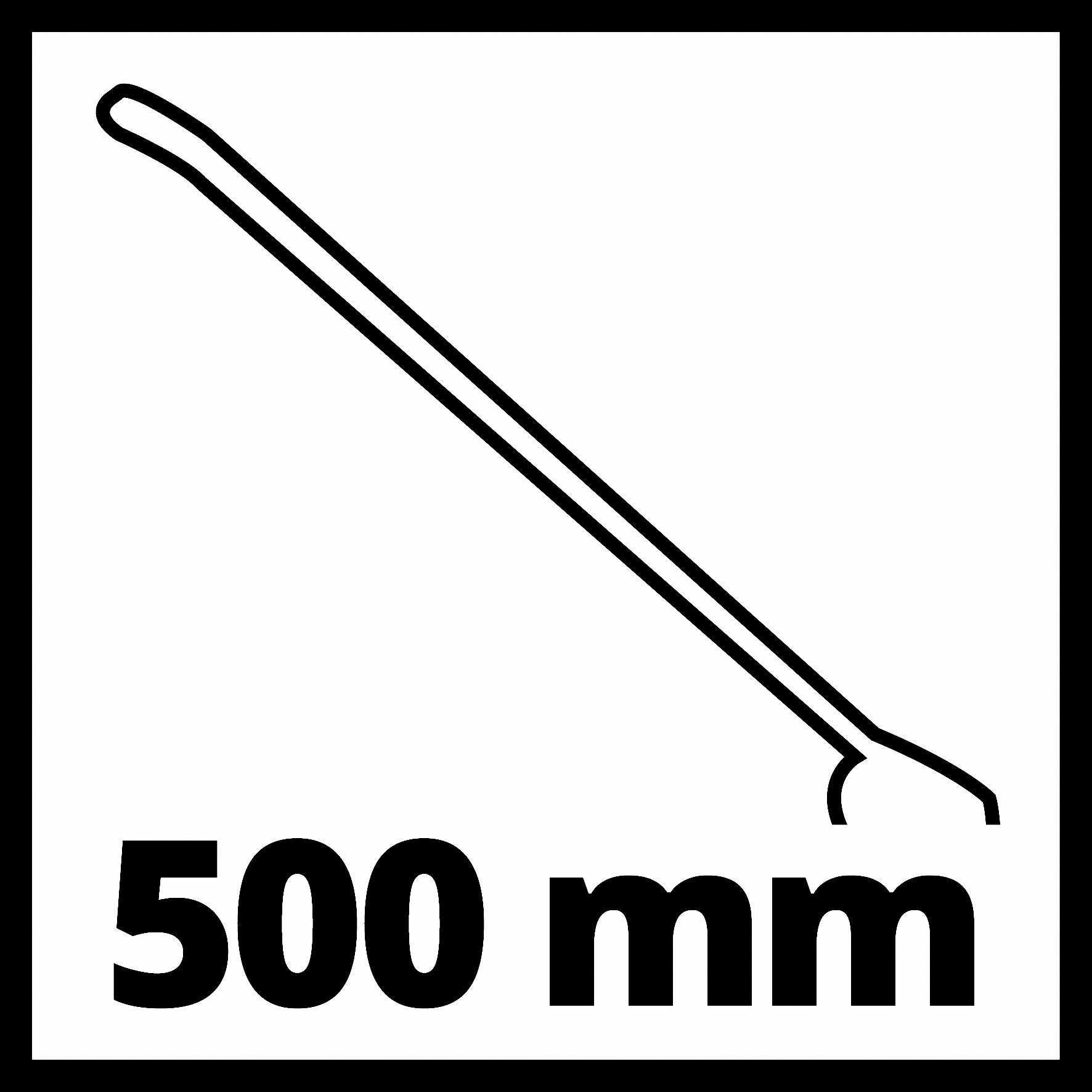 Znak zobrazuje čiaru s uhlom na konci, vedľa ktorej je text '500 mm', pravdepodobne na označenie dĺžky zobrazeného objektu.