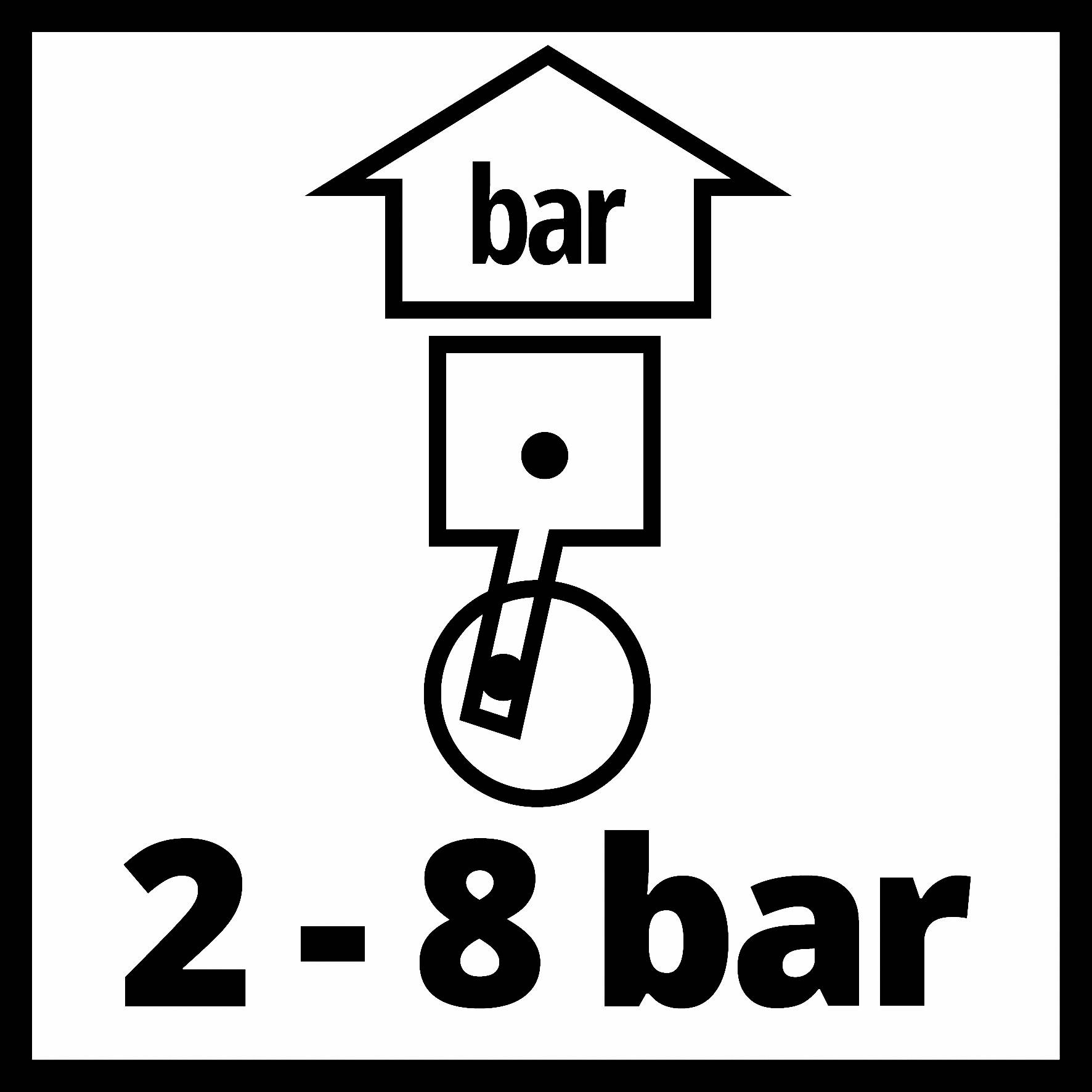 Rozsah tlaku od 2 do 8 barov, symbolizovaný symbolom domu a valca s označením "bar".