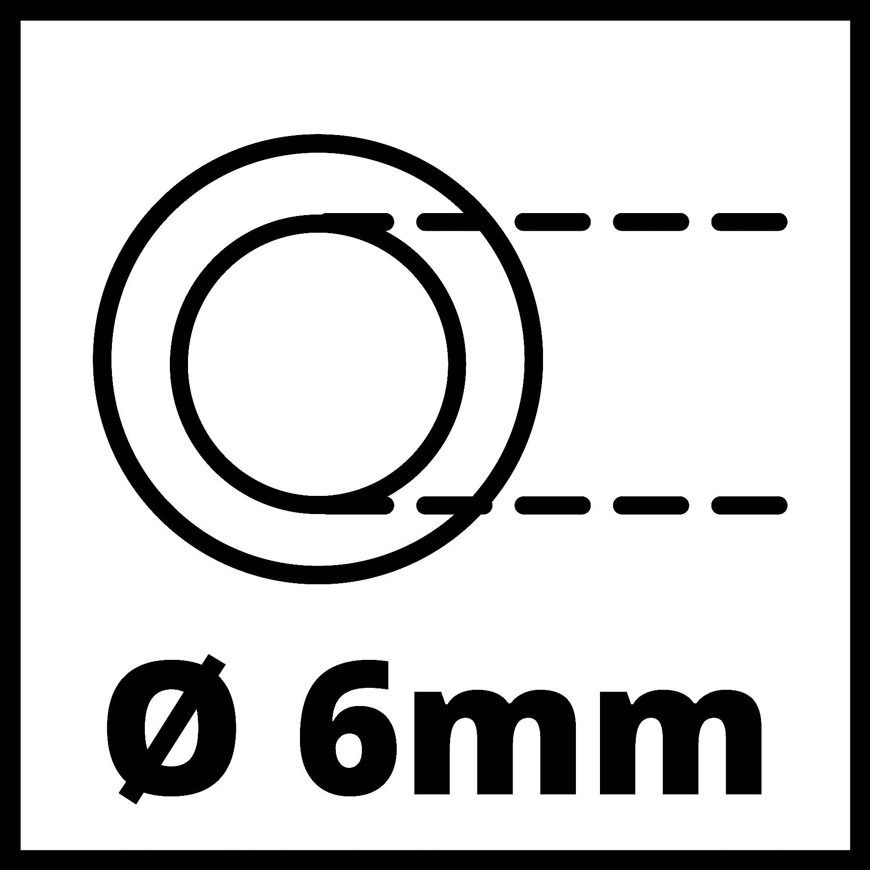 Symbol kruhu v priečnom pohľade so štíhlymi prerušovanými čiarami, priemer 'Ø 6 mm'.