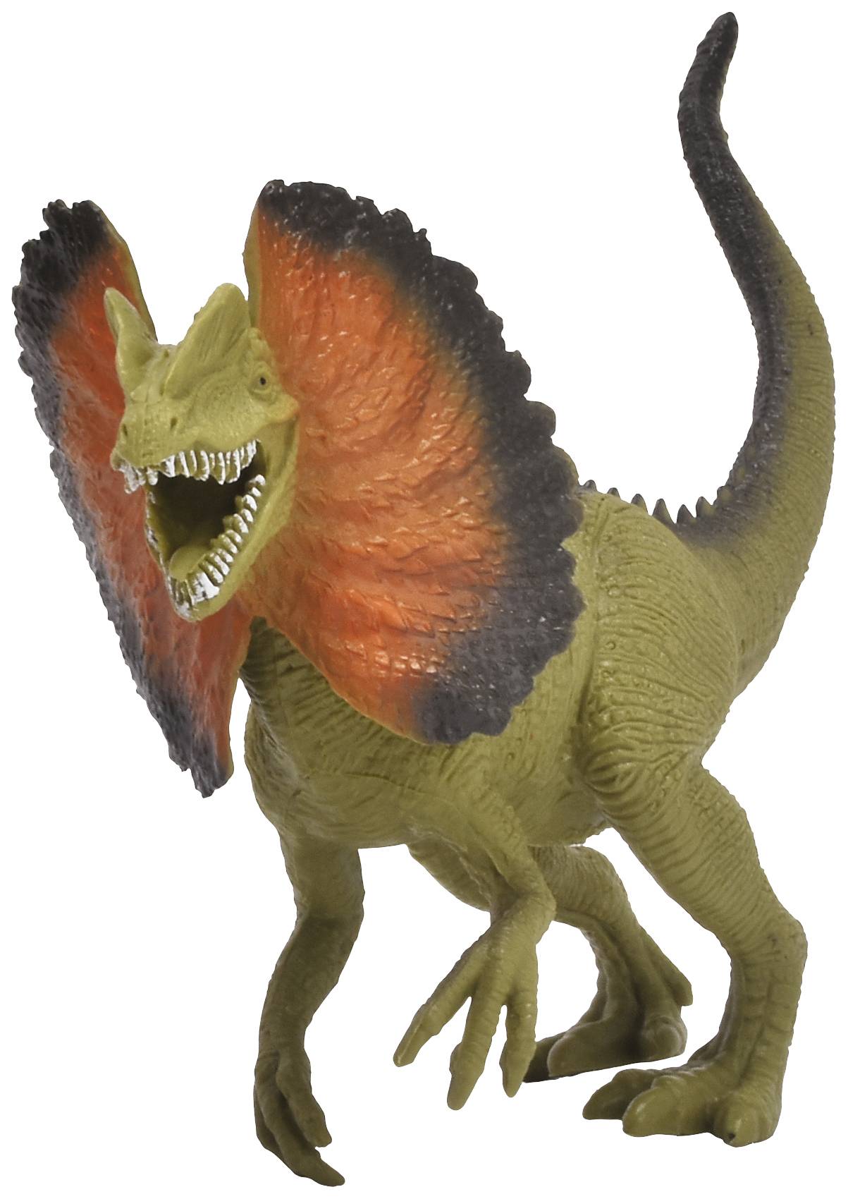 Dinosaurus s nápadným krkom vo farbách červenej a čiernej, ukazuje široko otvorené zuby. Stojí na dvoch nohách vo vzpriamenej polohe.
