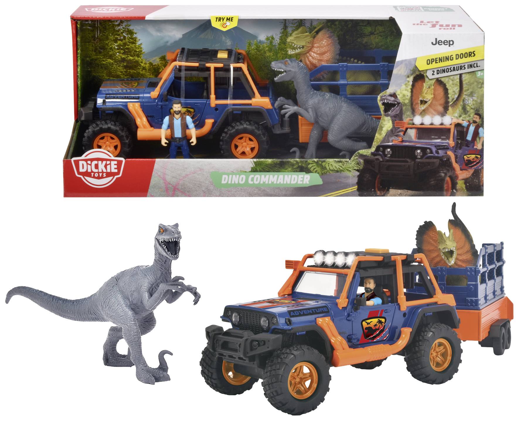 Hračkárska sada 'Dino Veliteľ': Obsahuje Jeep s dobrodružnou figúrkou a dvoma dinosaurami. Jeep je v oranžovo-modrej farbe s otváracími dverami.