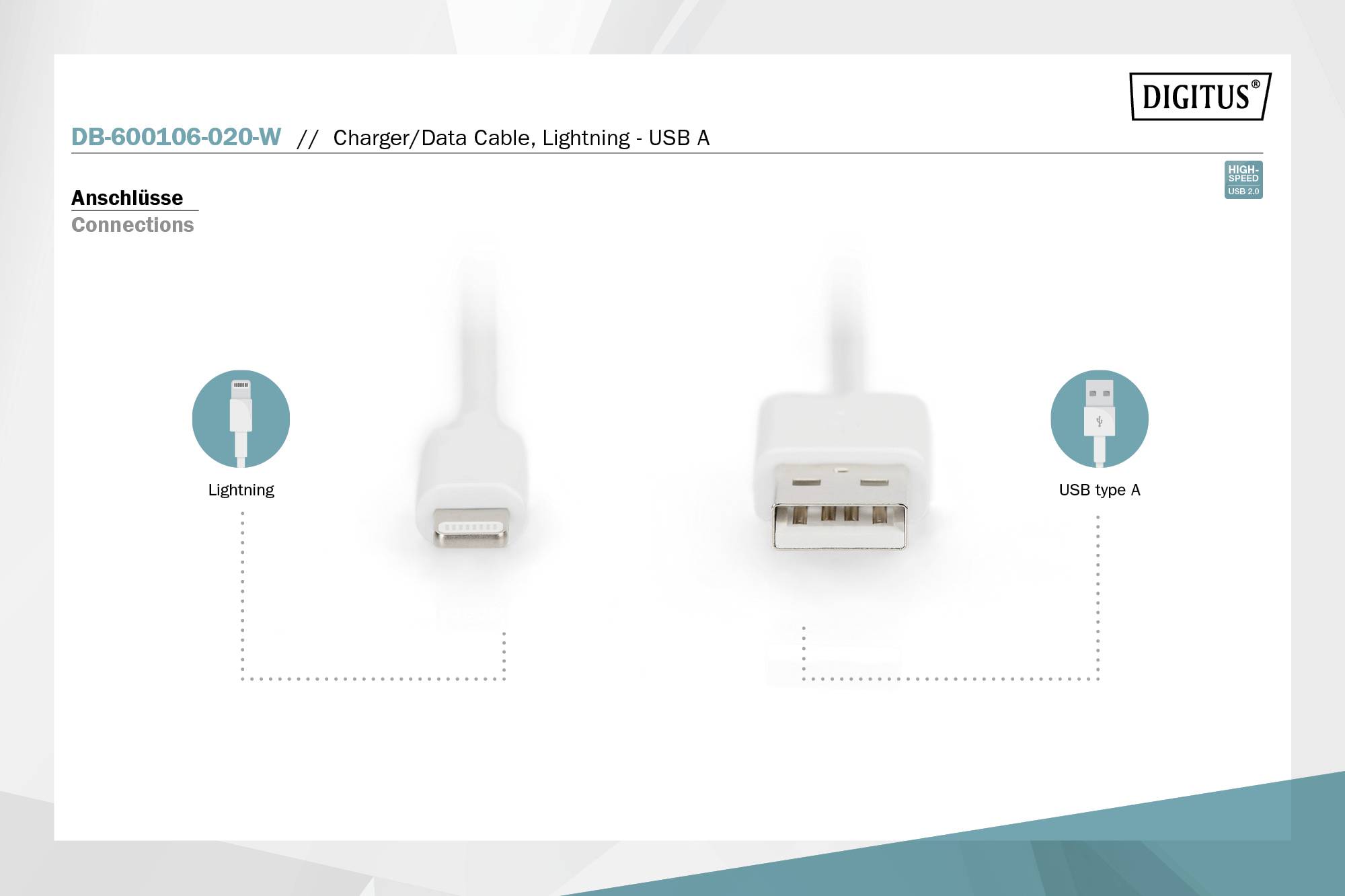 Nabíjací kábel s Lightning a USB A konektorom. Vľavo: Lightning konektor. Vpravo: USB typ A konektor. Popis: Konektory.