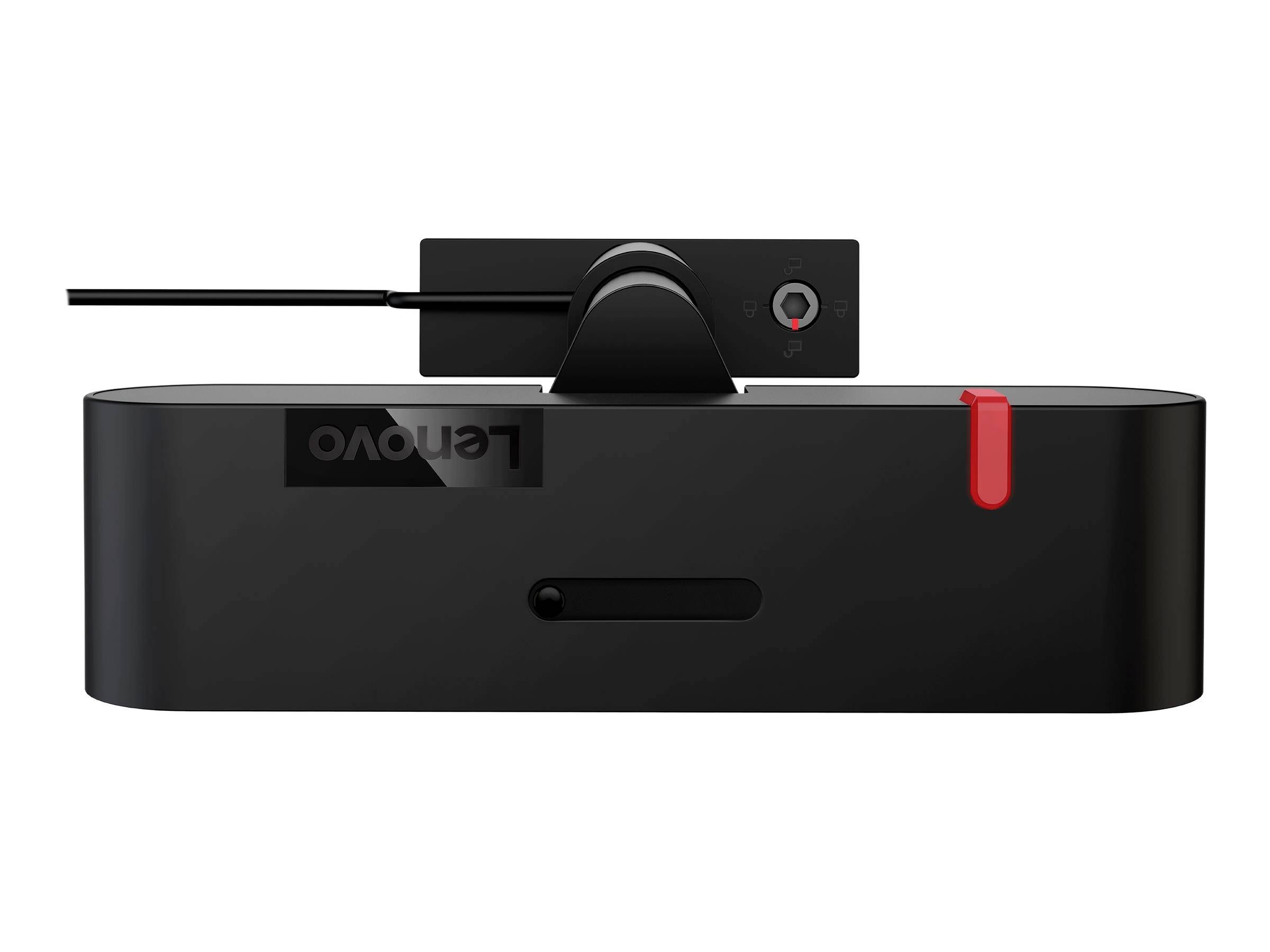 Čierne elektronické zariadenie s červeným akcentom, kamera namontovaná hore. Pravdepodobne webkamera alebo videokonferenčné zariadenie.