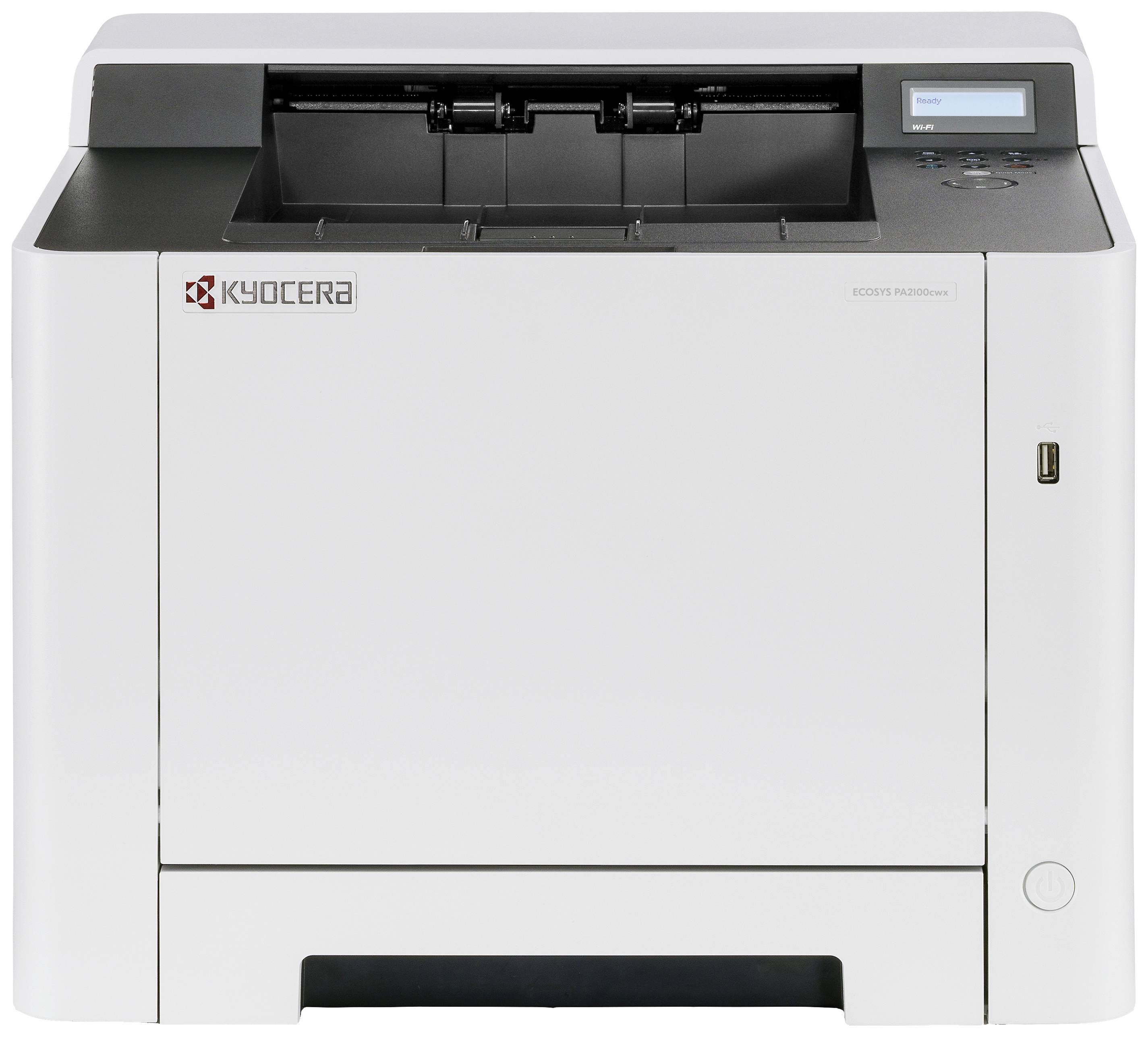 Kyocera tlačiareň s čiernym ovládacím panelom a logom na prednej strane. Má priestor na výstup papiera v hornej časti.