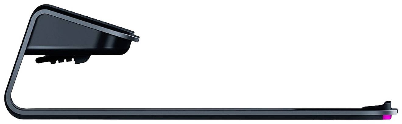 Bočný pohľad na moderný čierny stojan na laptop s elegantnným dizajnom. Dokonalý pre ergonomickú prácu.