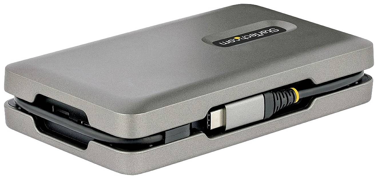Externý prenosný pevný disk v sivom púzdre s USB káblom, ktorý je upravene stočený okolo hrany.