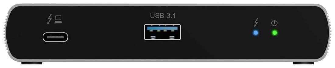 Čierna elektronická rozhrania škatuľka s USB-C portom, USB 3.1 portom a dvomi LED diódami v modrej a zelenej farbe.