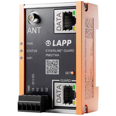 Ethernetové monitorovacie zariadenie s dvoma dátovými prípojkami a anténou. Nápis: 'LAPP ETHERLINE® GUARD PM02TWA'.