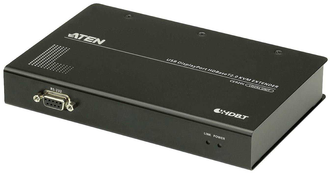 Externý USB DisplayPort predlžovač, čierny, s logom ATEN a možnosťami pripojenia RJ-45 a RS-232.