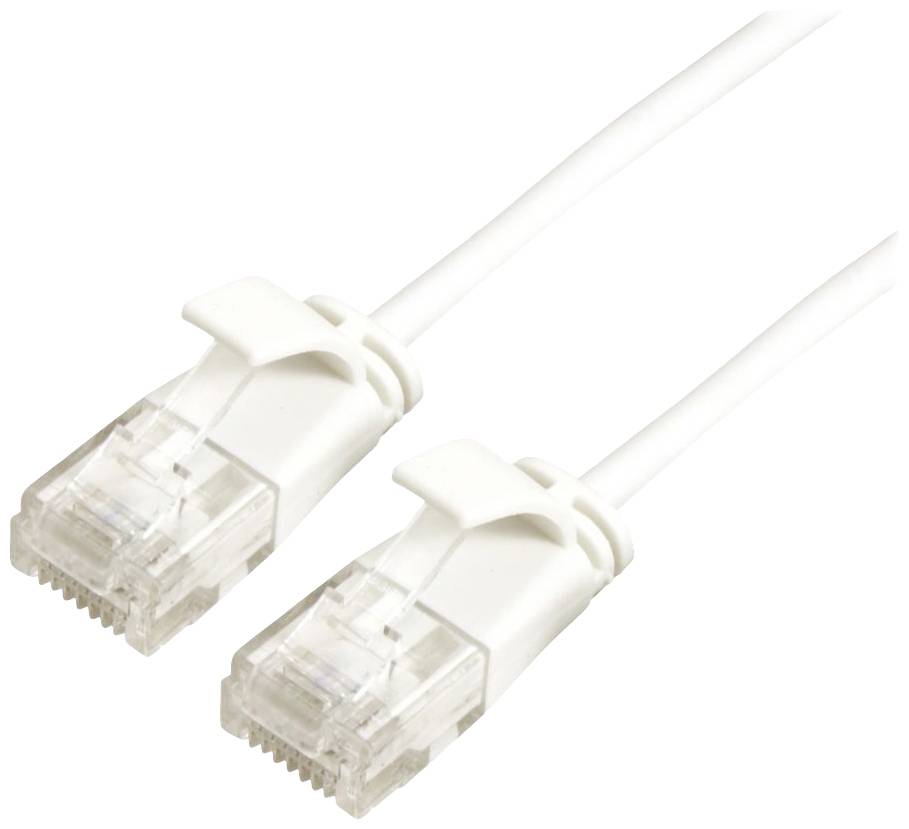 Dva biele ethernetové káble s priehľadnými konektormi spájajú počítače so sieťovými zariadeniami pre rýchly prenos dát.