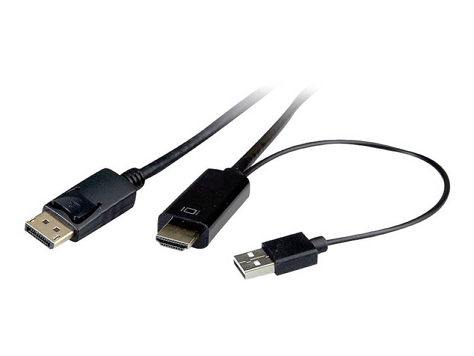 Tri káblové konektory: DisplayPort, HDMI a USB. Sú usporiadané vedľa seba na bielom pozadí.