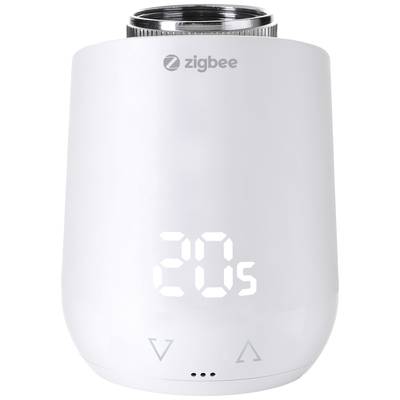Biele Zigbee zariadenie s digitálnym displejom '20s' na prednej strane. Má symboly 'V' a šípky pod ním.