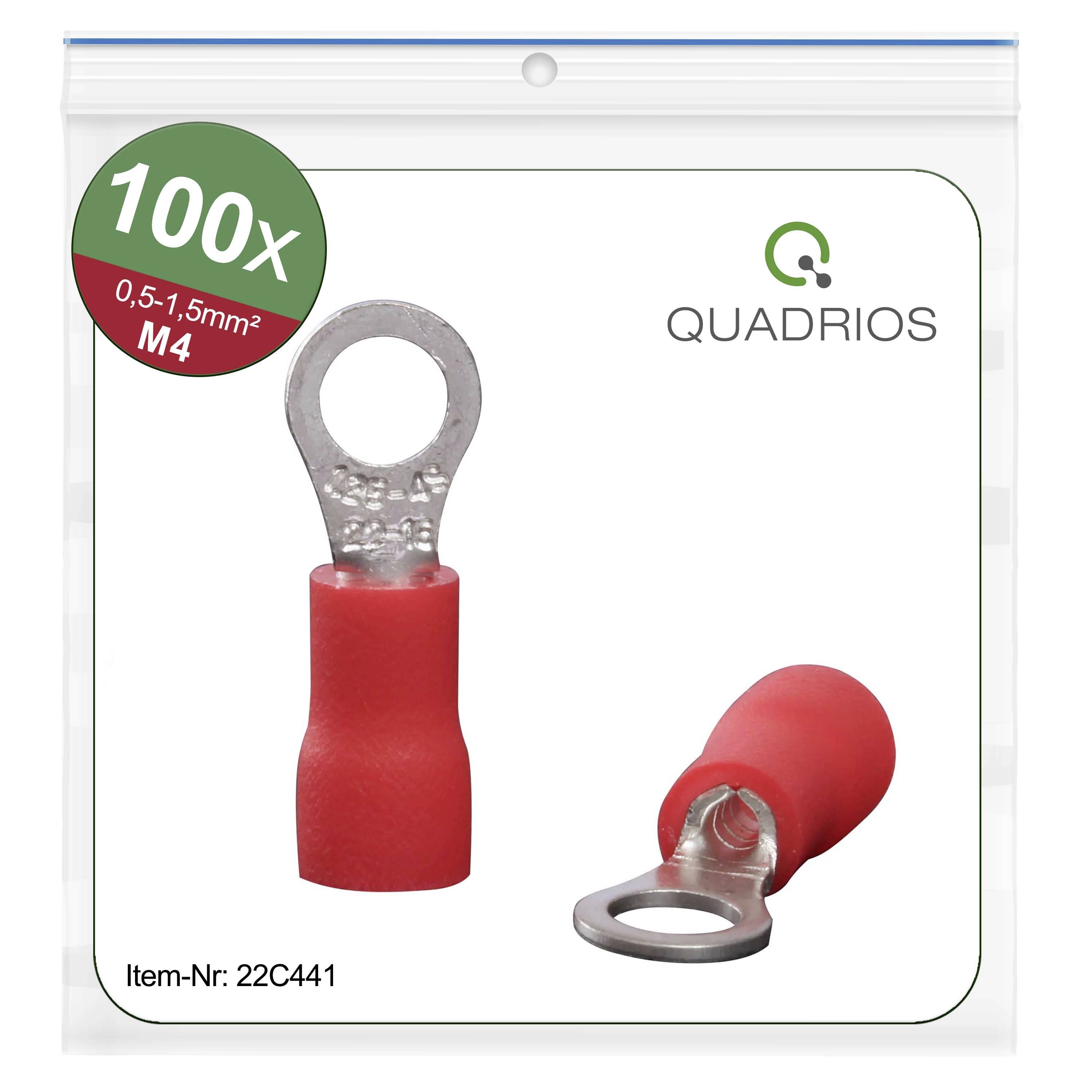 QUADRIOS 100x Kabelové koncovky, červené, pre 0,5-1,5mm², M4. Katalógové číslo: 22C441 v priehľadnom plastovom obale.