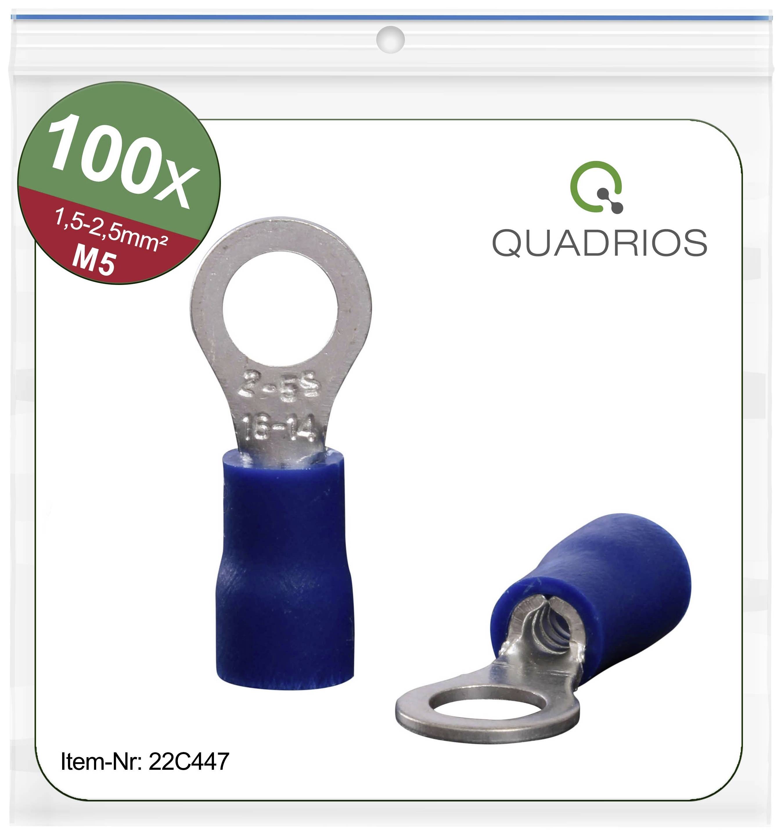Obrázok modrých kábľových topánok značky Quadrios, 100 kusov, vhodných pre 1,5-2,5 mm² M5. Katalógové číslo 22C447.