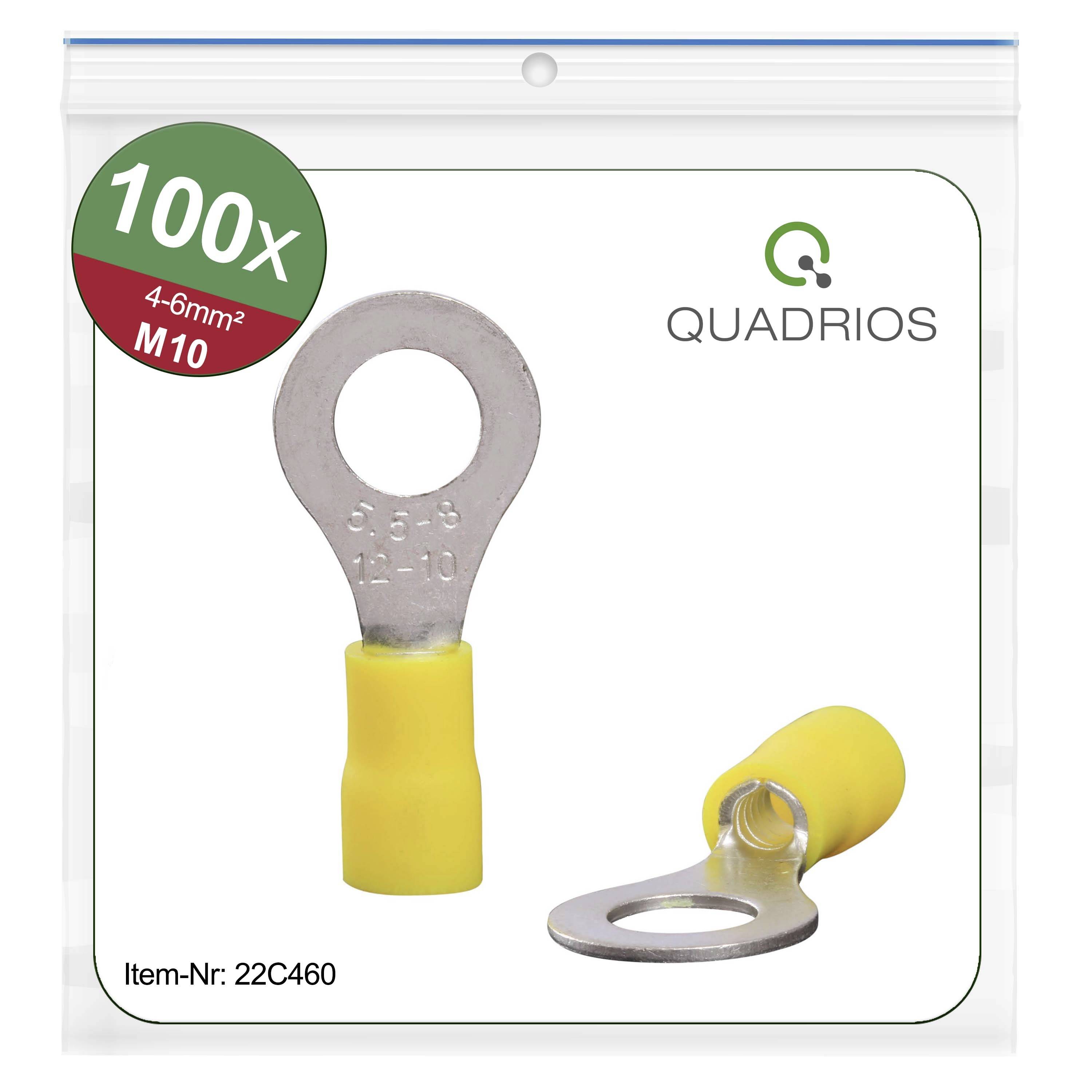 '100x káblové koncovky, 4-6mm², M10, žlté, Artikelnummer 22C460, značka Quadrios' zobrazené spredu a z bočného pohľadu.