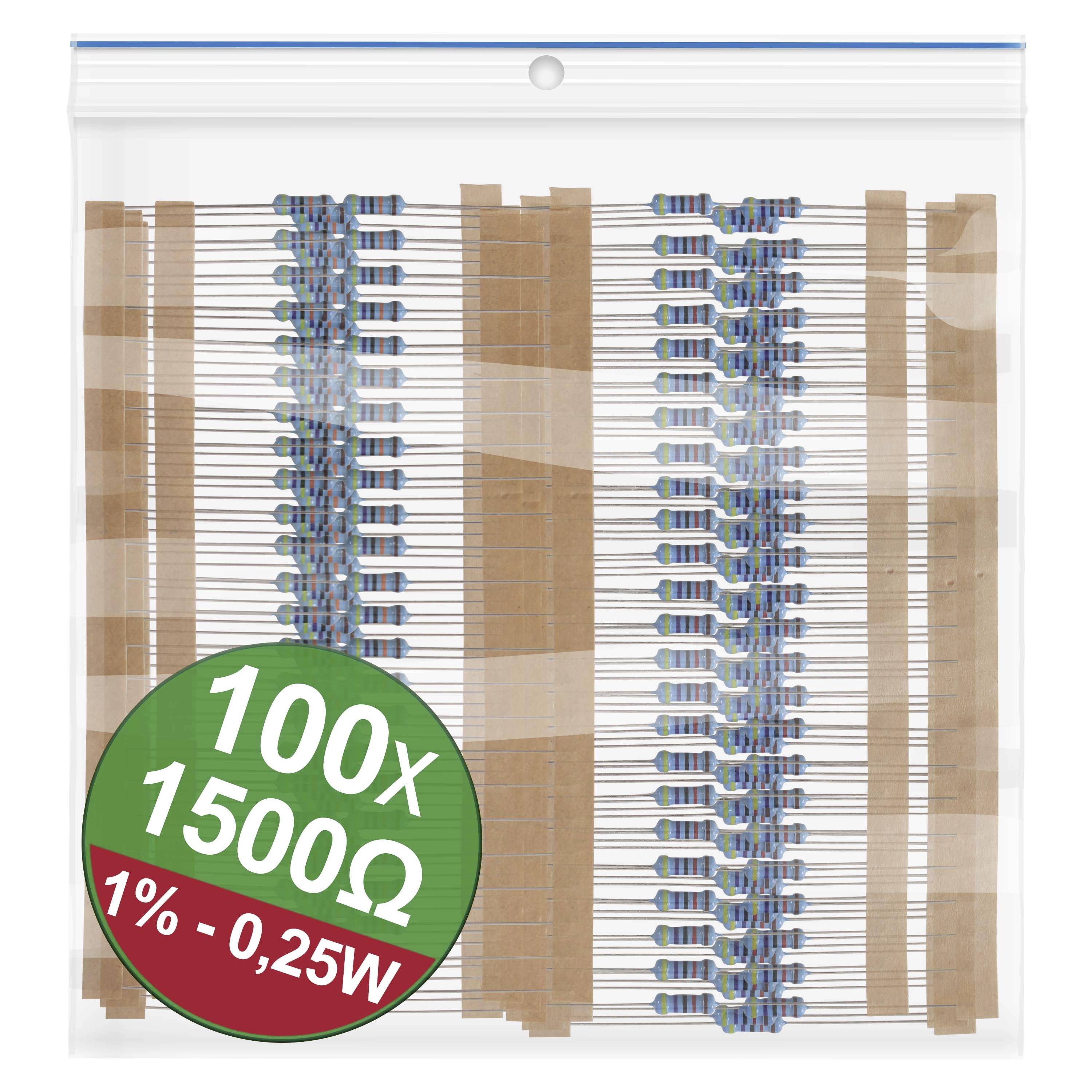 Balenie obsahuje 1500 modrých odporov, každých 100 kusov s toleranciou 1% a 0,25 wattov, hodnota odporu 1500 ohmov.