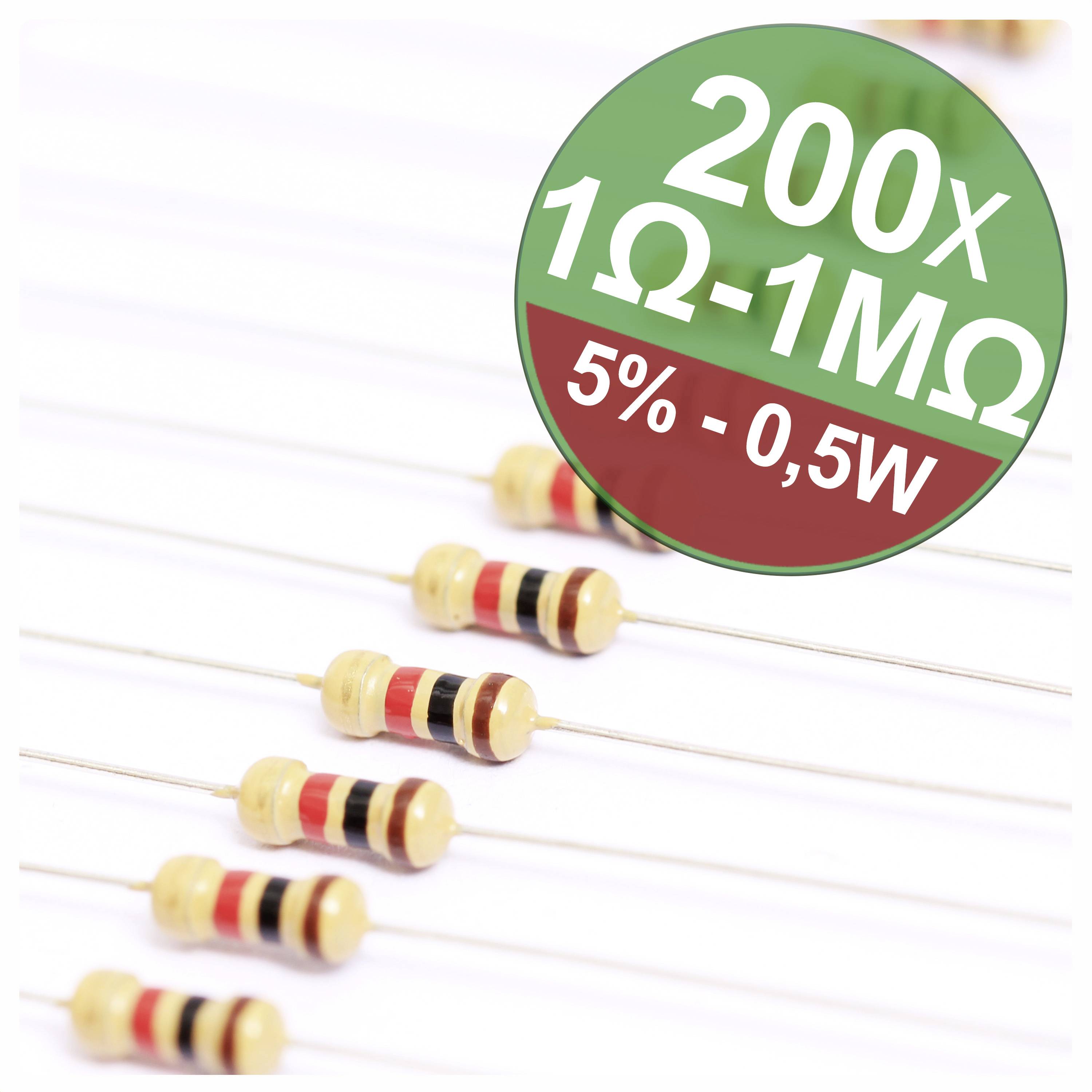 Rôzne rezistory s farebným kódovaním. Kruhový text vedľa: '200x 1Ω-1MΩ, 5%, 0,5W'.