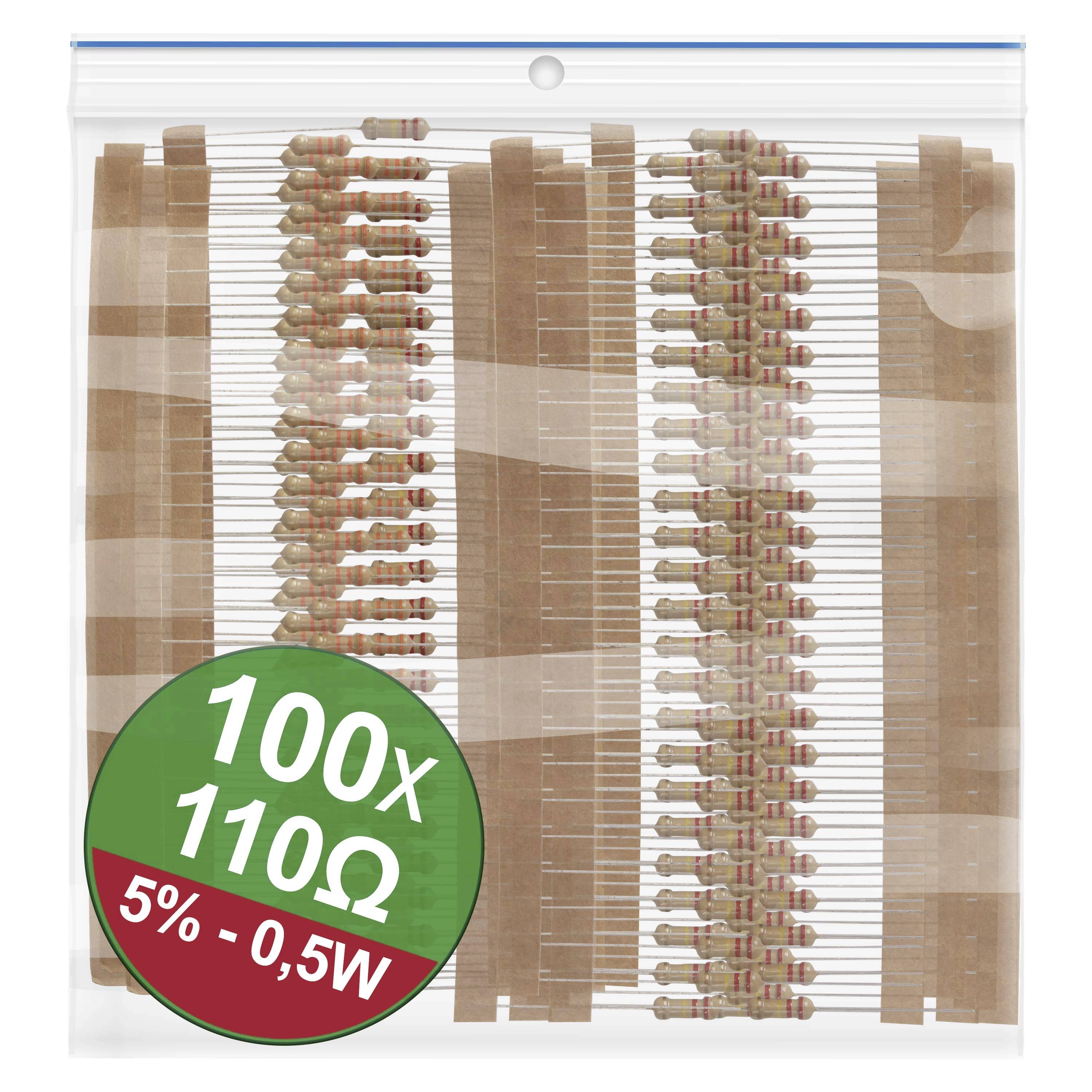 Plastový sáčok so 100 odpormi po 110 ohmov, tolerancia 5 %, 0,5 wattu.