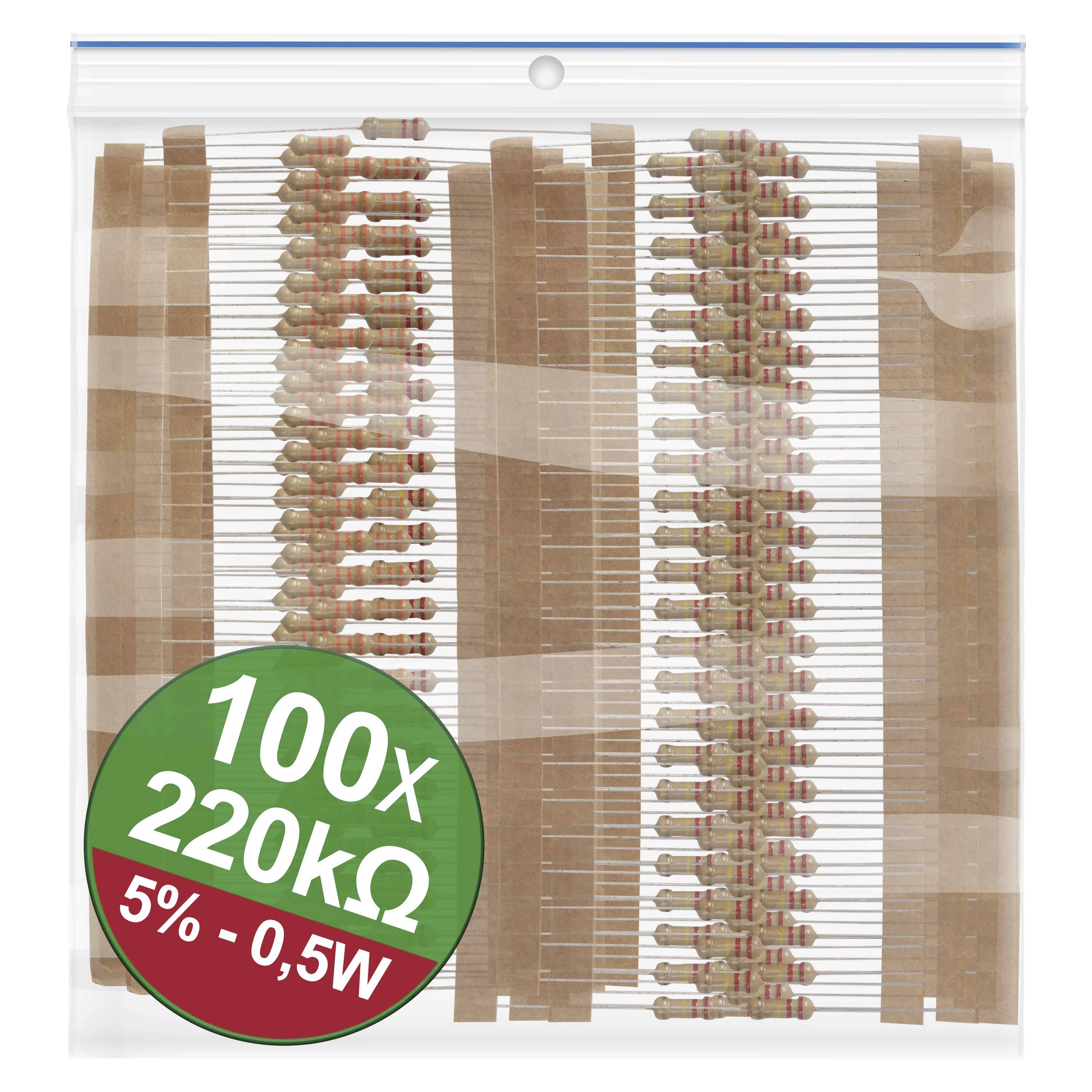 Balenie 100 odporov, 220 kΩ, tolerancia 5%, výkon 0,5 W.