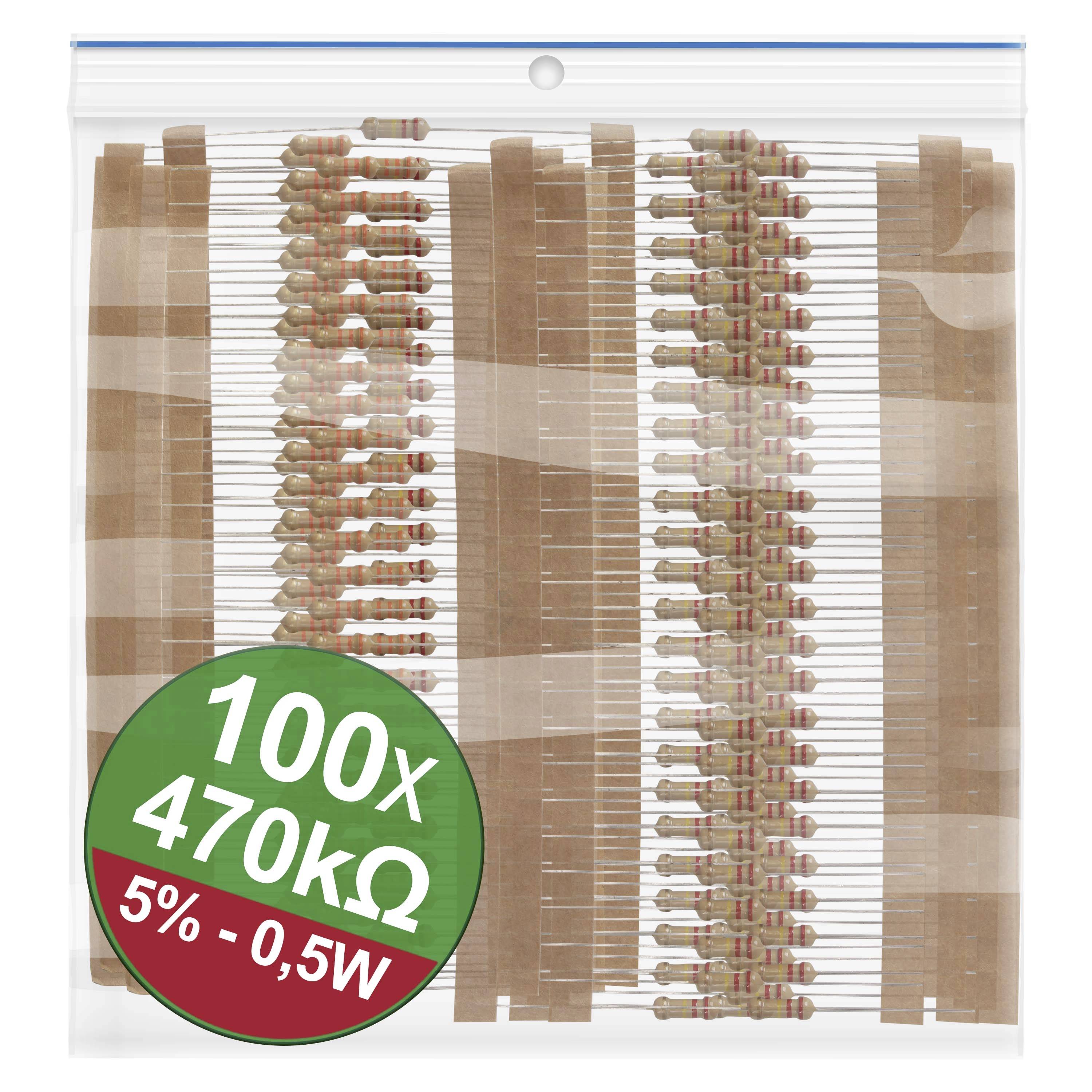 Plastový sáčok so 100 odpormi, hodnota 470 kΩ, tolerancia 5 %, výkon 0,5 W.