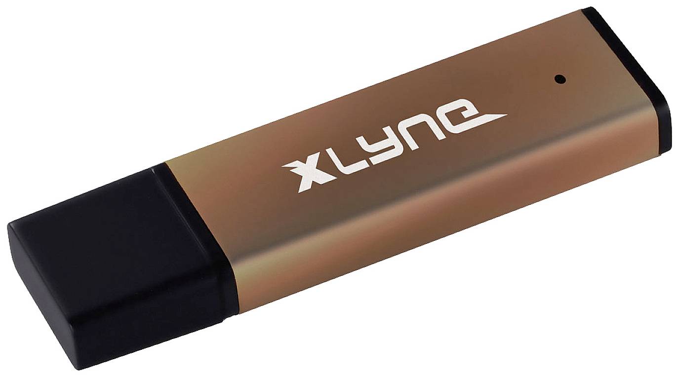 USB kľúč s nápisom 'XLYNQ' a čiernym uzáverom.