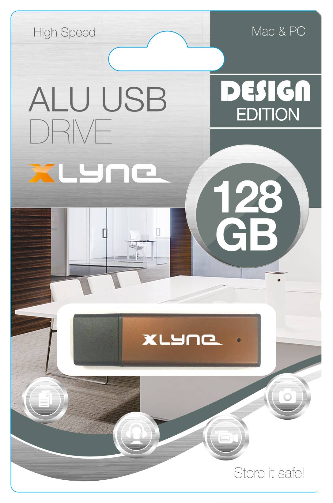USB kľúč v obale s nápisom 'ALU USB Drive, 128 GB, Design Edition'. Kompatibilný s Mac a PC. Dizajnové pozadie.