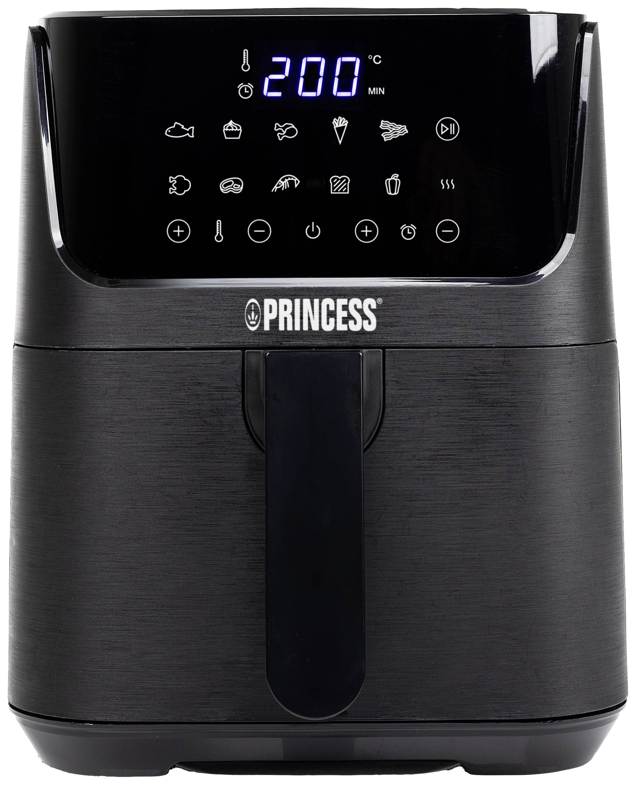 Čierna horkovzdušná fritéza značky Princess s digitálnym displejom zobrazuje '200 °C' a symboly rôznych varných programov.