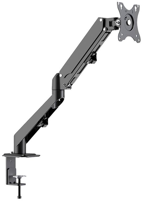 Čierny nastaviteľný rameno monitora na upevnenie na stôl, ktoré umožňuje flexibilné umiestnenie obrazoviek. Vhodné pre ergonomické pracoviská.
