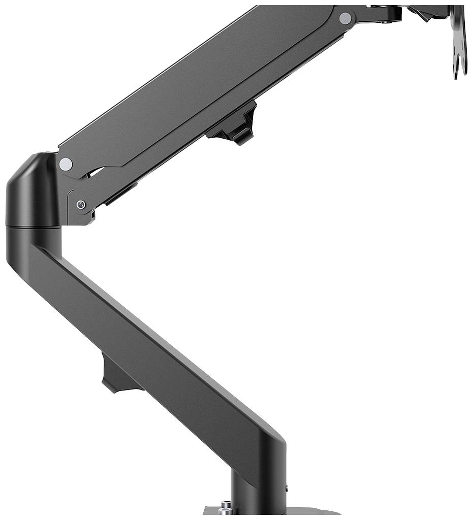 Sivé nastaviteľné rameno monitora, pohľad z boku. Vhodné na upevnenie obrazovky pre ergonomickú prácu pri stolíku.