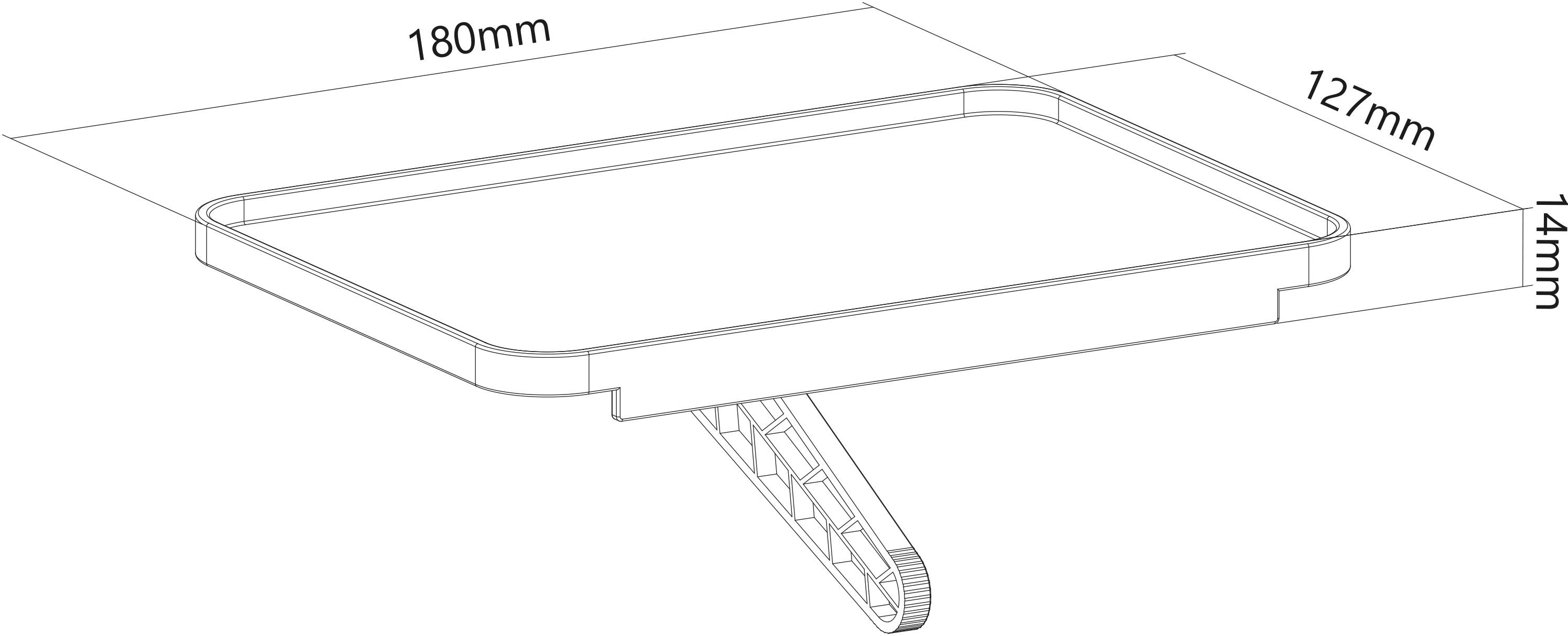 Technický výkres obdĺžnikového podnosu s rozmermi 180 mm x 127 mm a výškou 14 mm.