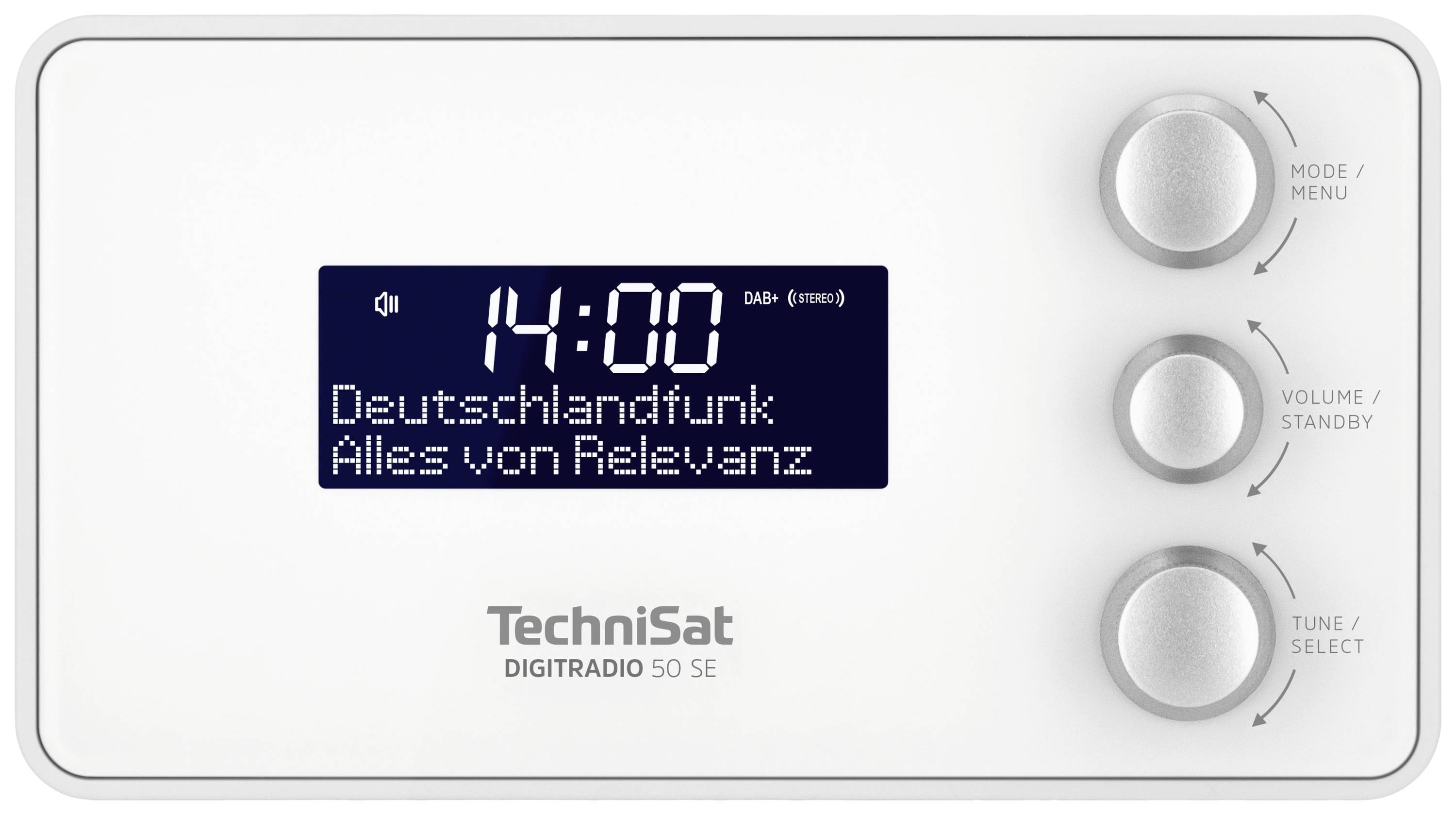 Digitálne rádio s displejom zobrazuje '14:00' a 'Deutschlandfunk: Všetko podstatné'. Vpravo sú tri otočné gombíky pre menu, hlasitosť a výber stanice.