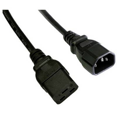 Čierny sieťový kábel s IEC-C13 a IEC-C14 konektormi, bežne používaný na napájanie elektronických zariadení.