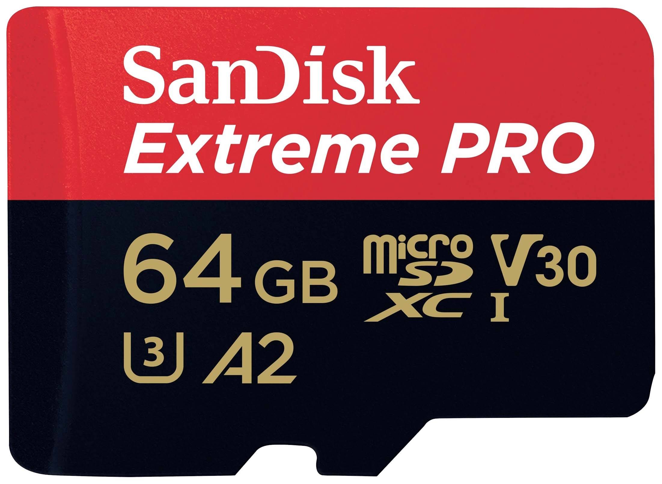 SanDisk Extreme PRO microSD karta, 64 GB, V30, U3, A2, vhodná pre 4K videozáznamy a rýchly prenos dát.