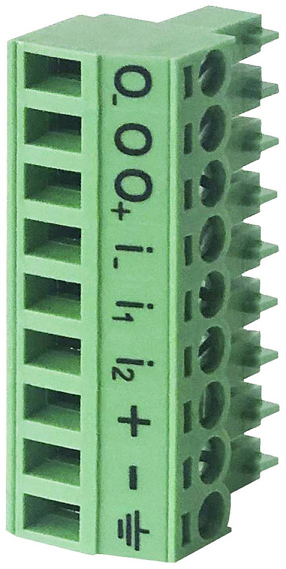 Zelený viacvstupový konektor, bočne označený štítkami '0', '+', 'i', 'i.1', 'i.2', '+', '−'.