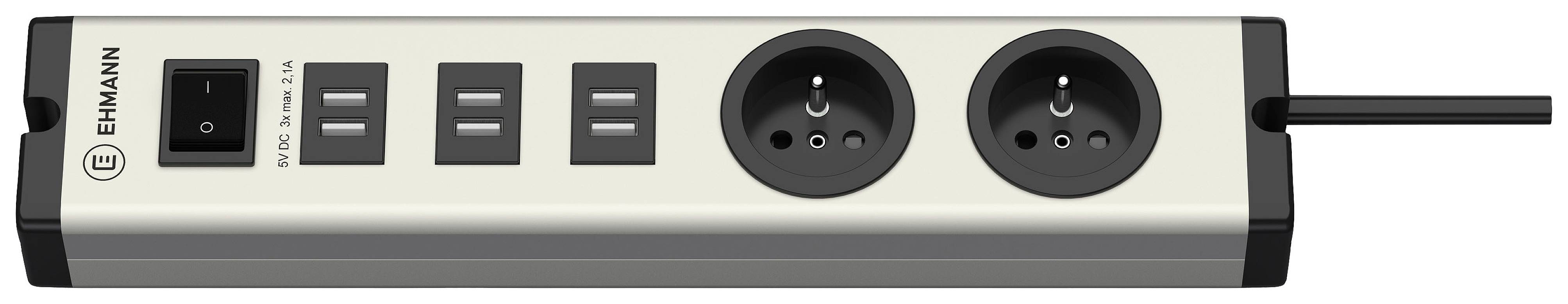 Predlžovací kábel s dvomi zásuvkami a štyrmi USB portami, vrátane spínača pre napájanie.