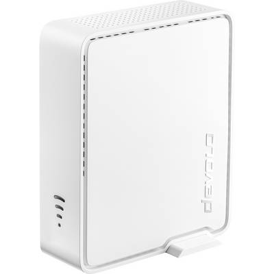Biely stojaci router so značkou na boku. Vetráky hore, LED dole, funkcia: bezdrôtové pripojenie.