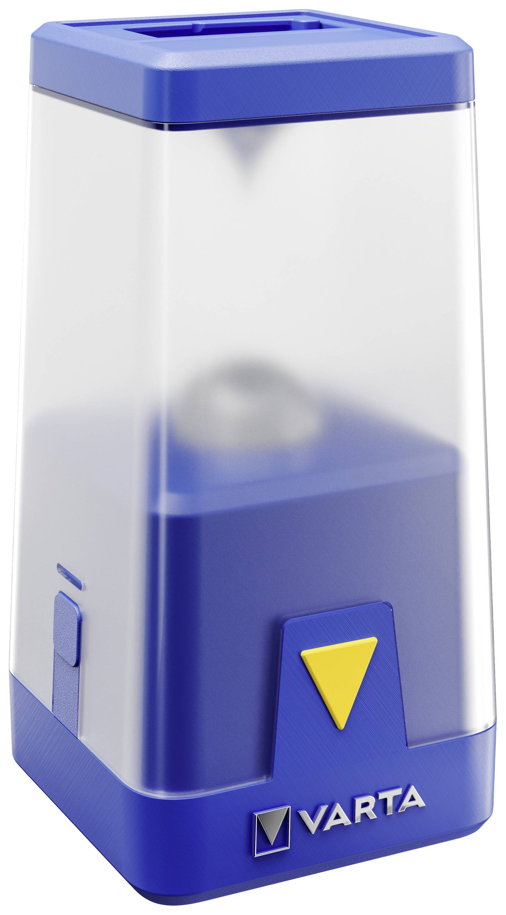 Modrobiela VARTA lampa so žltým spínačom.