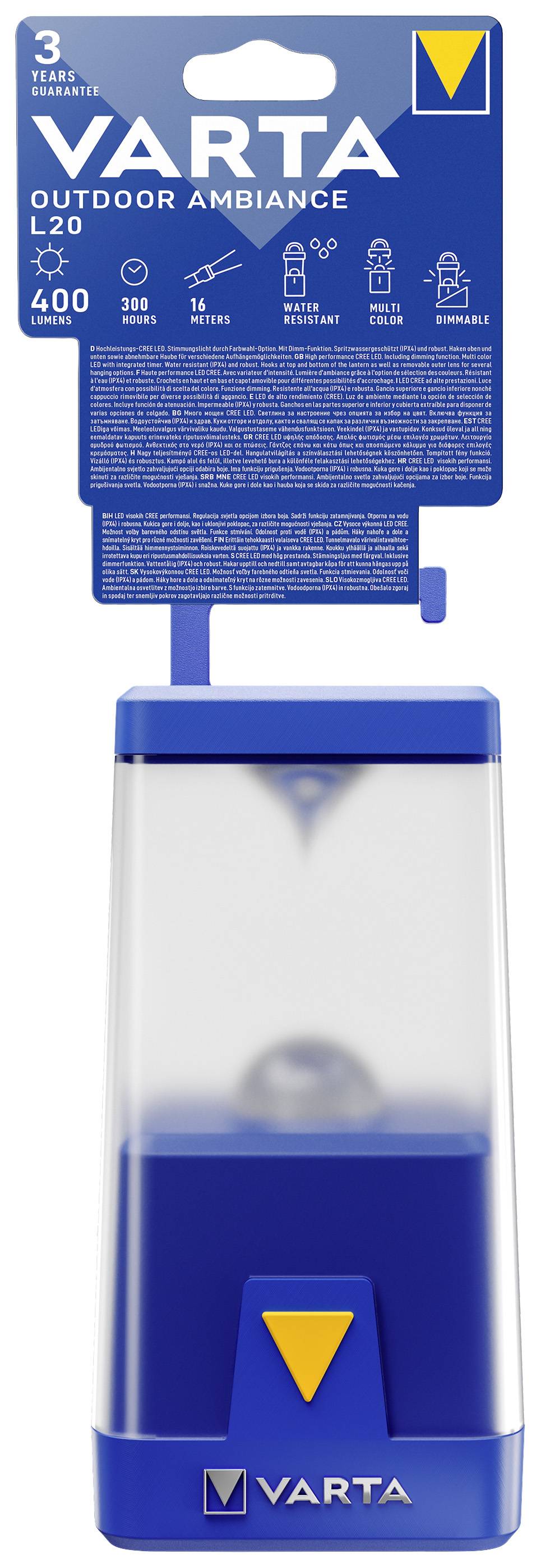 Modrá vonkajšia lampa Varta s výkonom 400 lúmenov. Poskytuje ochranu proti striekajúcej vode a má prevádzkový čas až 58 hodín.