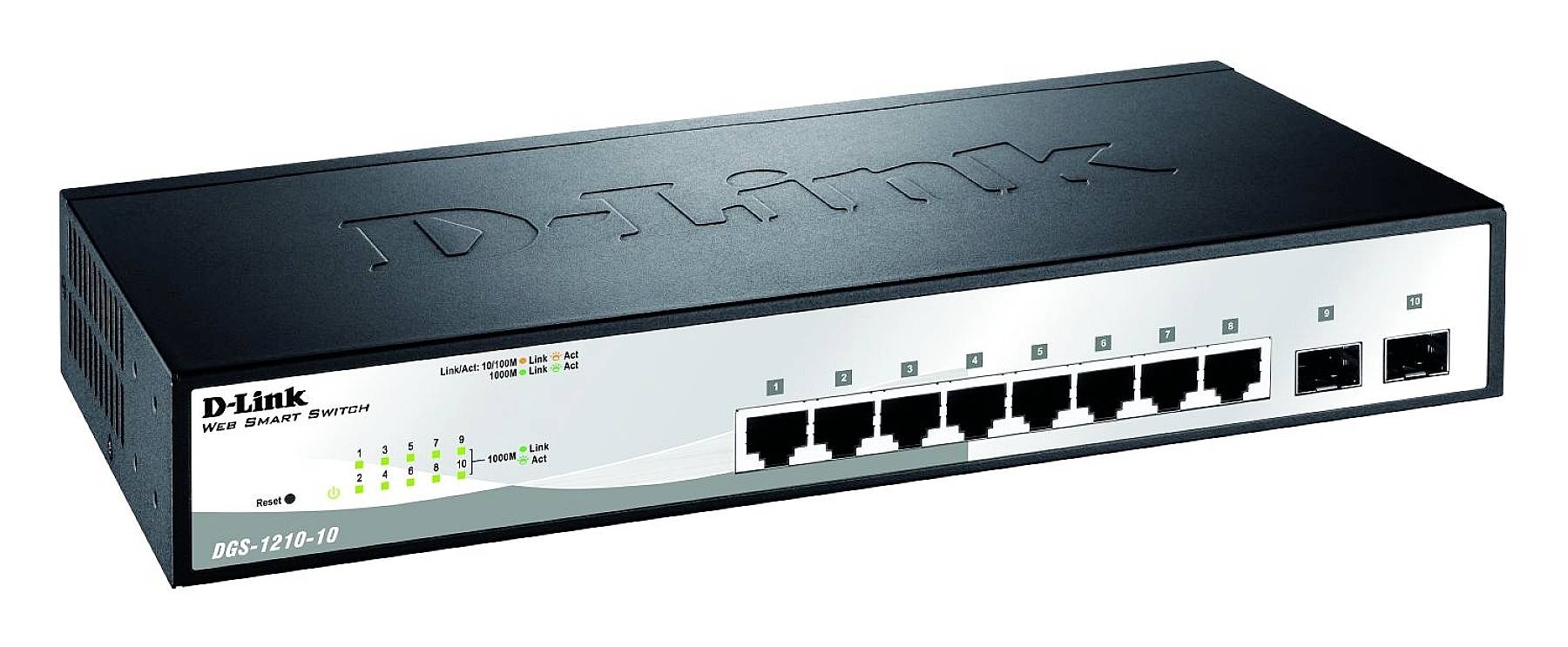 Čierny sieťový switch značky D-Link s desiatimi ethernetovými portami a LED indikátormi stavu a pripojenia. Model DGS-1210-10.